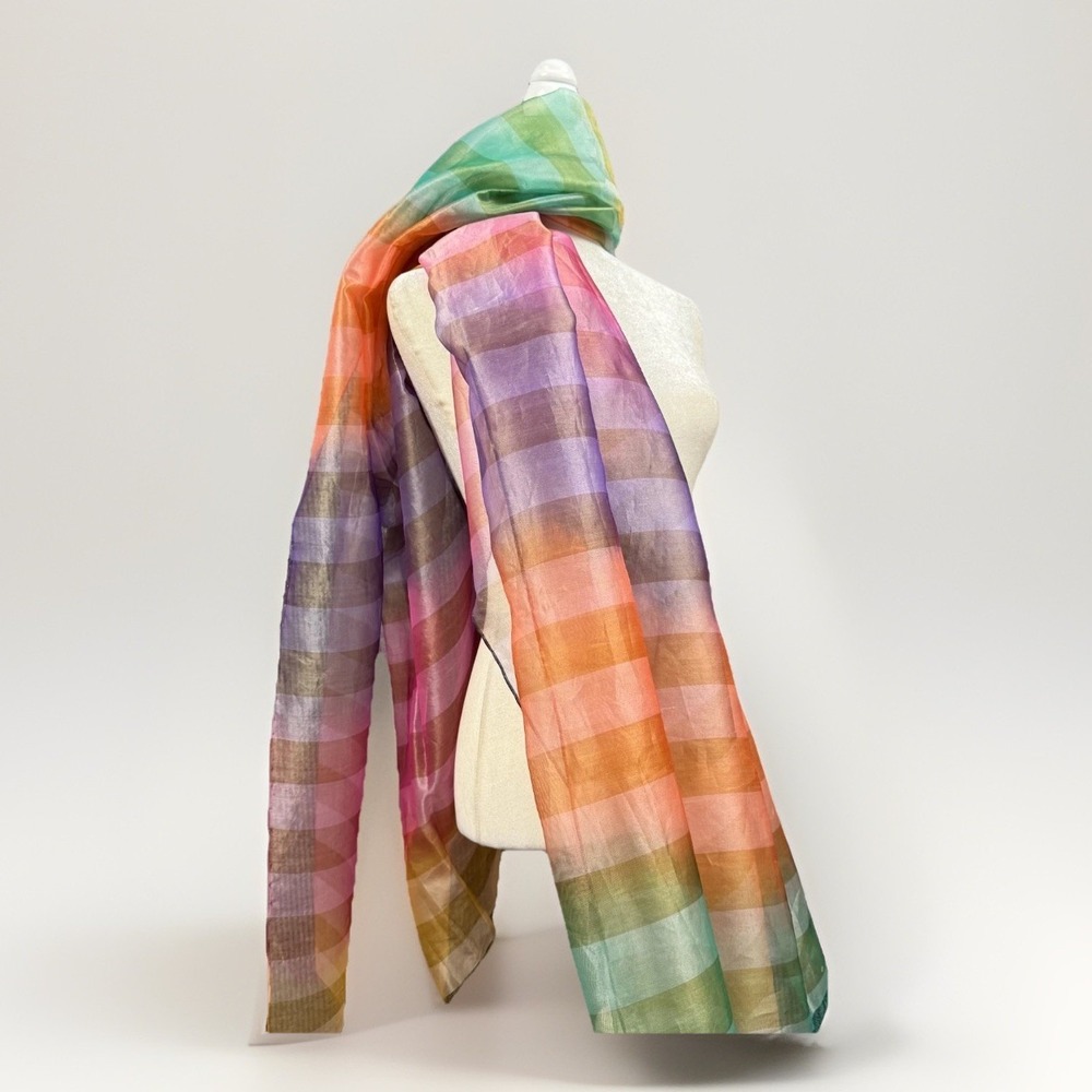 Vtg 90s Adrienne Landau Wrap Rainbow Plaid Sheer Organza Shawl Scarf - Picture 2 of 9